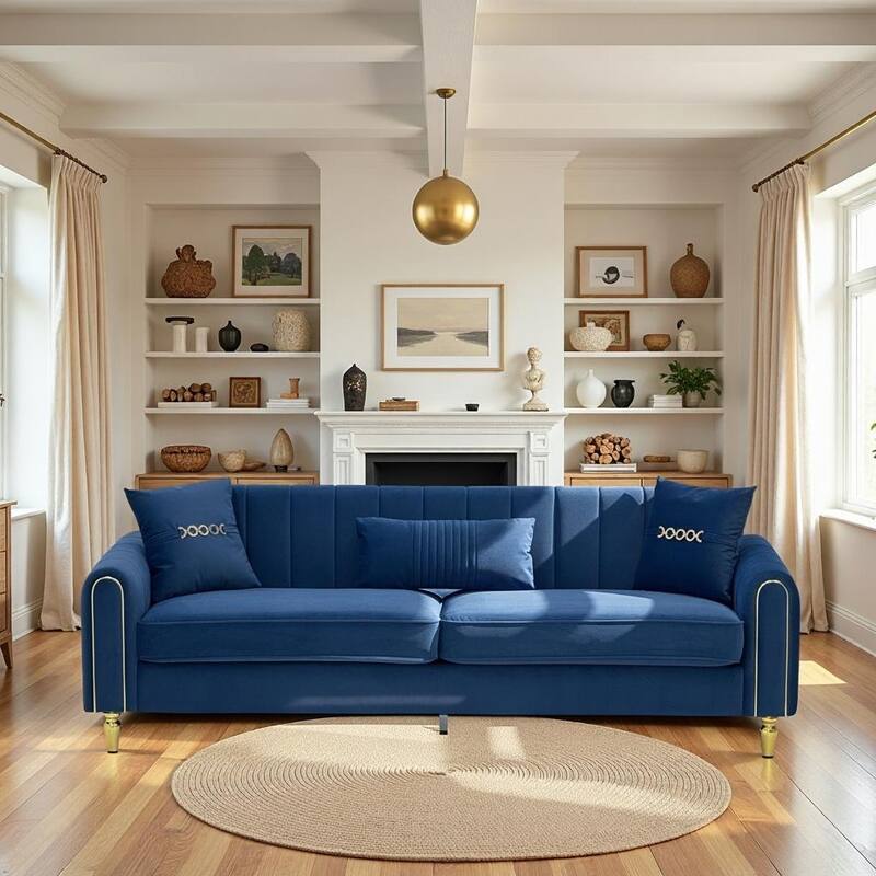 87.4" Luxury Loveseat Sofa with Metal Legs, Round Arms - Blue - Fabric+Metal