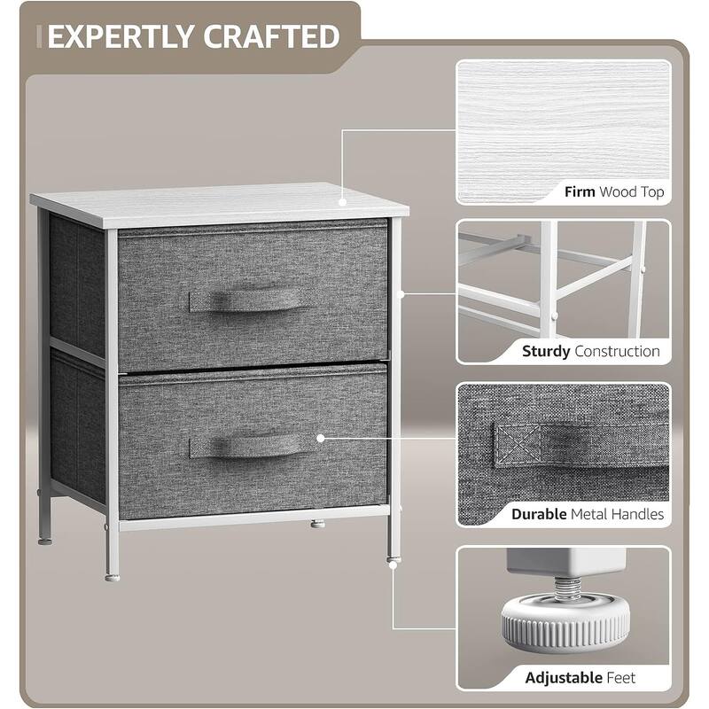 2 Drawer Nightstand Dresser Organizer Steel Frame Wood Top Fabric Bins