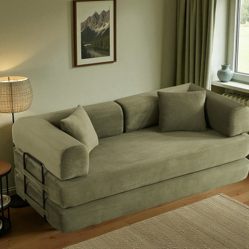 Convertible Corduroy Sleeper Sofa Bed, 4-in-1 Folding Mattress Couch with Cylindrical Pillow & Fixed-Shape Frame, No-Assembly