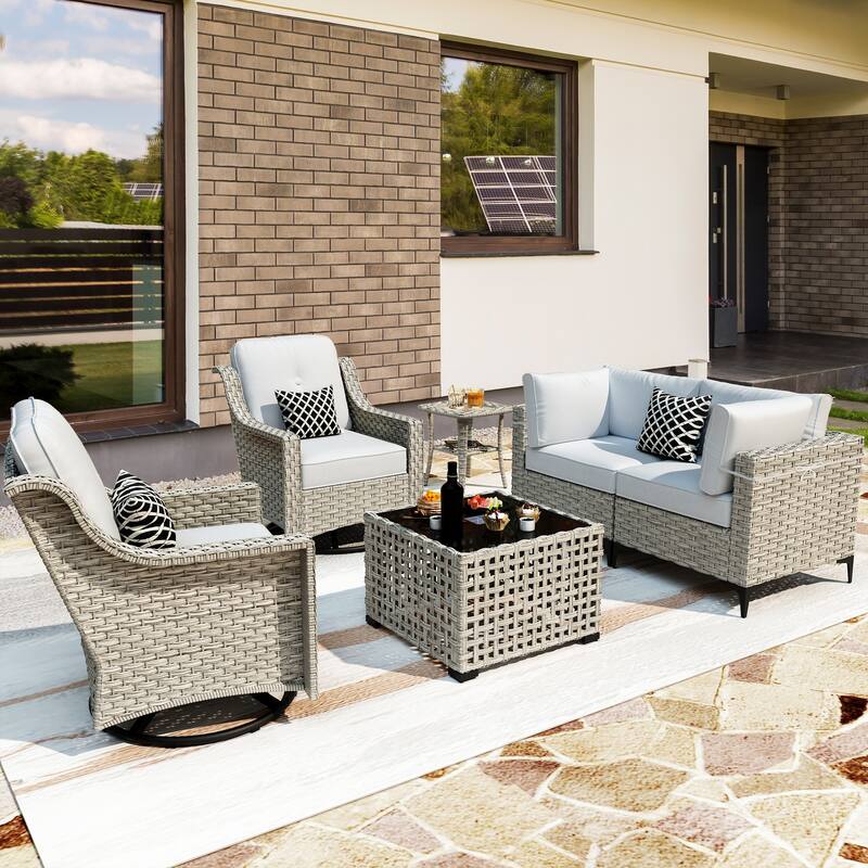 OVIOS 6 Pieces Outdoor Wicker Swivel Chair Set With Solar-Powered Coffee Table - Light Gray