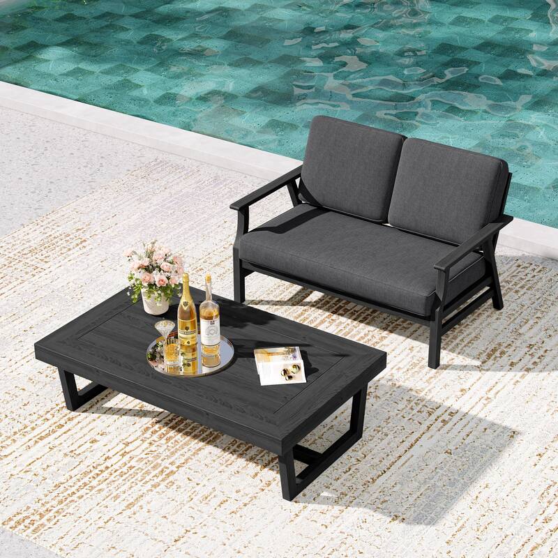 2-Piece Teak Outdoor Loveseat Set with Table. - Black Wood - Dark Grey/coffee table