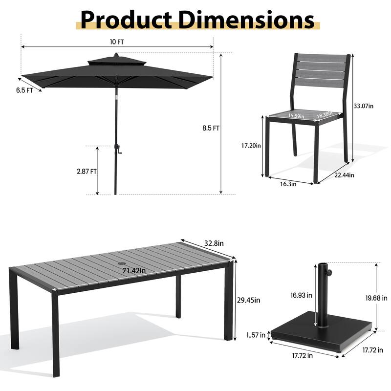 9-Piece Outdoor Patio Dining Set Wood Like Aluminum Umbrella Hole Table with Stackable Chairs, Market Umbrella and Base