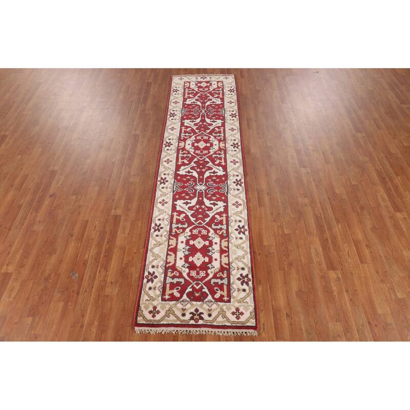 Red Oushak Indian Runner Rug Hand-Knotted Wool Carpet - 2'6"x 9'9"