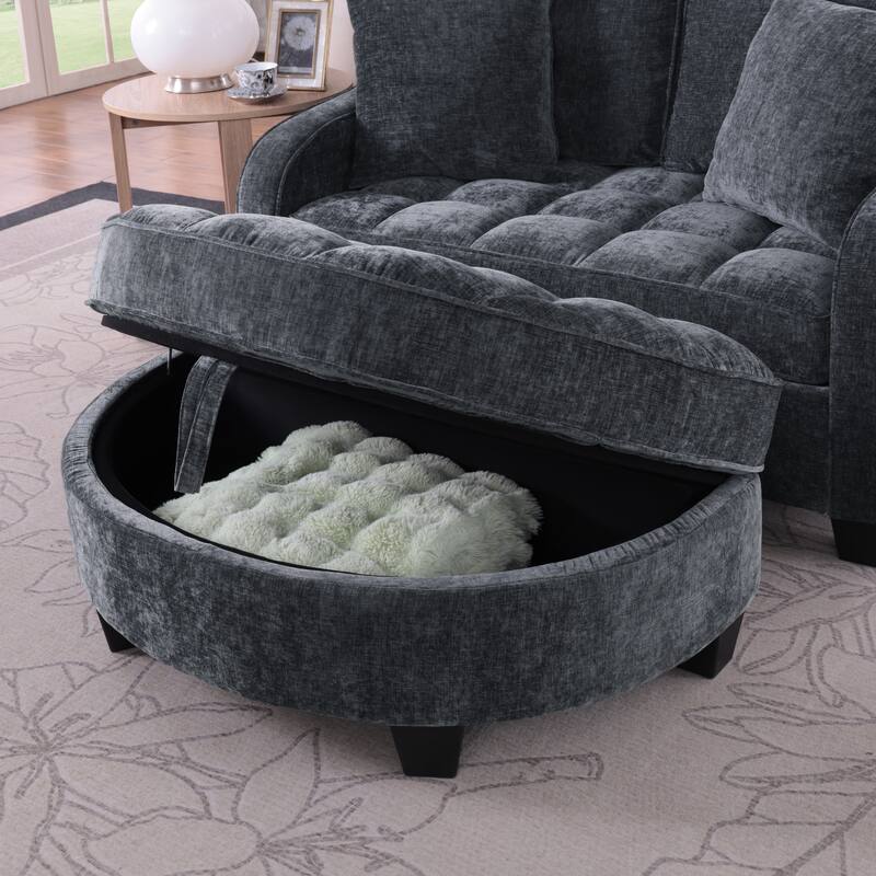 Roomfitters Two-Seater Sofa Chaise with Storage Ottoman, Irregular Armrests and Backrest, Upholstered Sofa with Pillows
