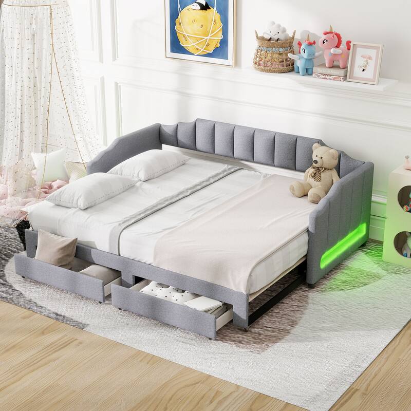 Twin XL Size Upholstered Daybed Extendable King Size Sofa Bed Frame with 2 Storage Drawers and LED Light, Platform Storage Bed