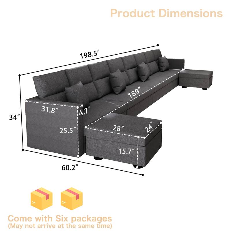 Linen Sectional Couches Modular Sofa with Ottoman for Living Room - Grey