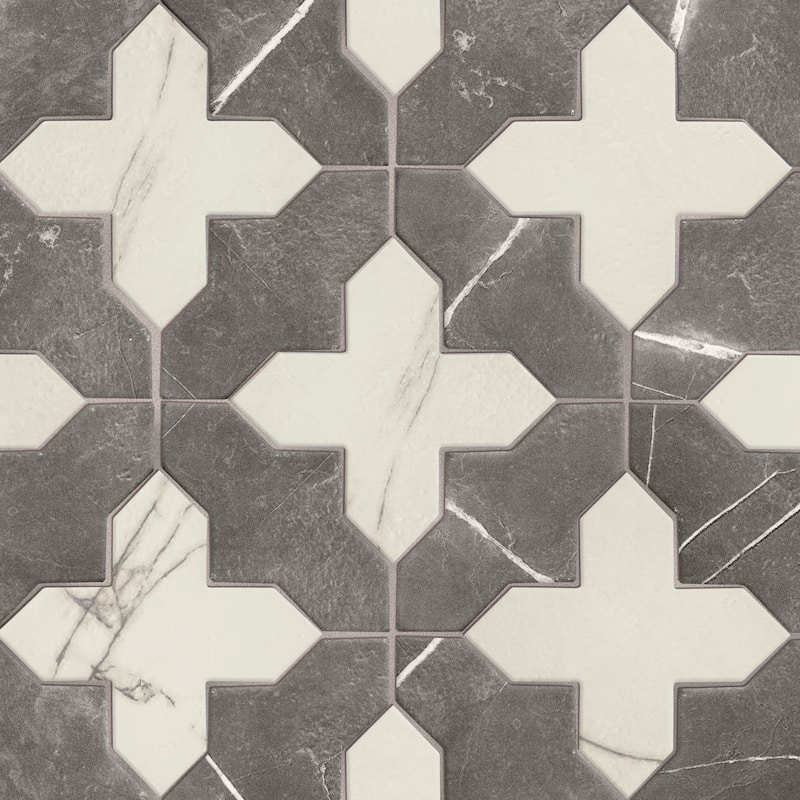 Merola Tile Istanbul Squire Shield Night with Day Cross 6" x 8-3/8" Porcelain Floor and Wall Tile - Case (48 Tiles)