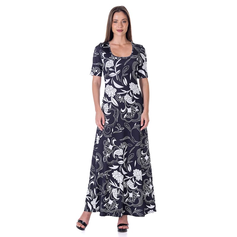 elbow sleeve dress casual 24seven Comfort Apparel Womens Black and White Elbow Sleeve Casual A Line Maxi Dress-Multicolor-S