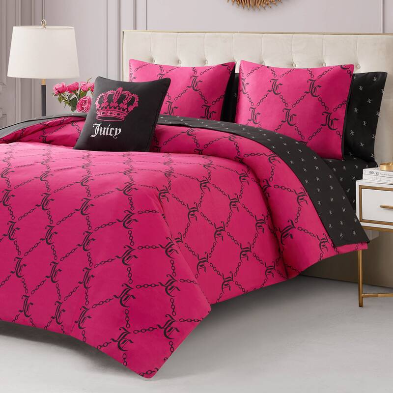 Juicy Couture Link Printed Bed-in-a-Bag Comforter Set - Hot Pink/Black - Full