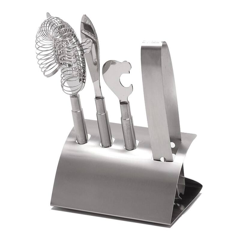 Curata 4-Piece Stainless Steel Bar Tool Set with Stand - Includes Strainer Bottle Opener Knife and Tongs - Silver