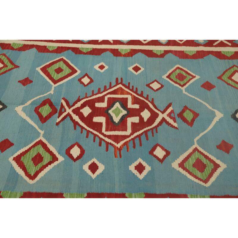 Hand Woven Oriental 100% Wool Carpet Southwestern Tribal Navy Blue & Blues Kilim Area Rug - 9' 2'' X 6' 1''