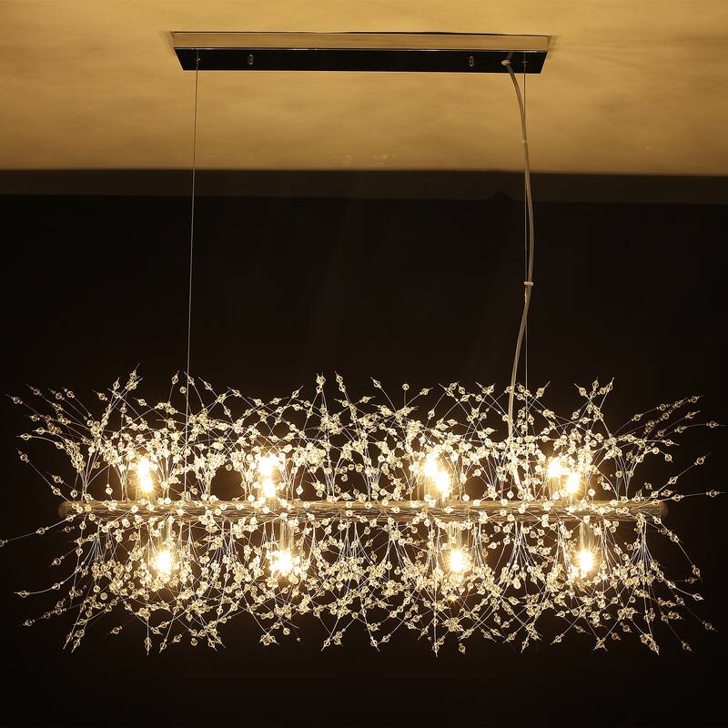 9/12-Light Linear Sputnik Crystal Beaded Pendant Light Firework Starburst Crystal Chandelier for Dining Room