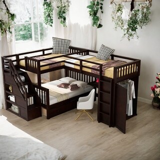 Twin-Twin over Full L-Shaped Bunk Bed With 3 Drawers,Desk,Wardrobe
