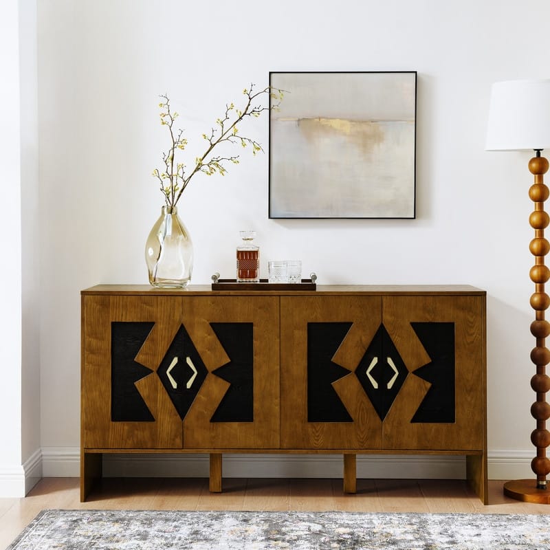 60" Mid-Century Buffet Cabinet - Geometric Storage Unit For Living Room, Dining Room, Or Entryway‌ - 15.75"D x 60"W x 31.5"H - Walnut Brown