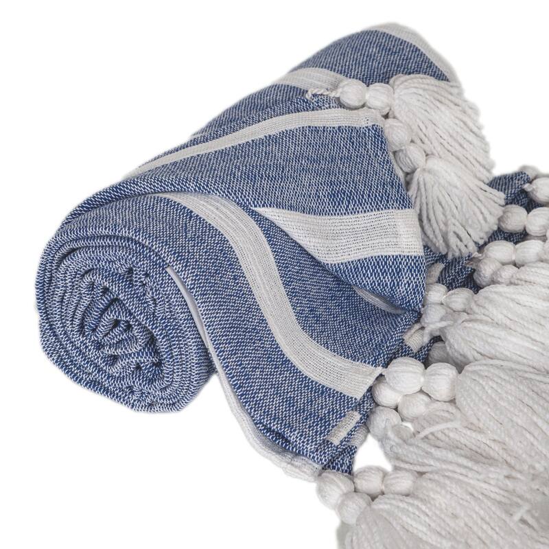 HomeRoots 50" X 60" Blue and White Woven Cotton Striped Throw Blanket with Tassels