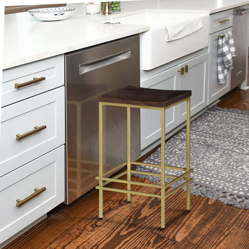 24 Inch Mango Wood Counter Height Stool, Curved Seat, Iron Frame, Walnut Brown, Gold