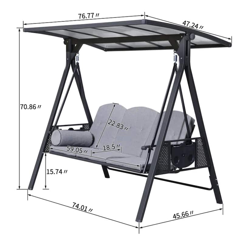 PURPLE LEAF 3-seat Outdoor Porch Swing with Adjustable PVC Canopy - 70.86"(H) X 76.77"(W) X 47.24"(D)