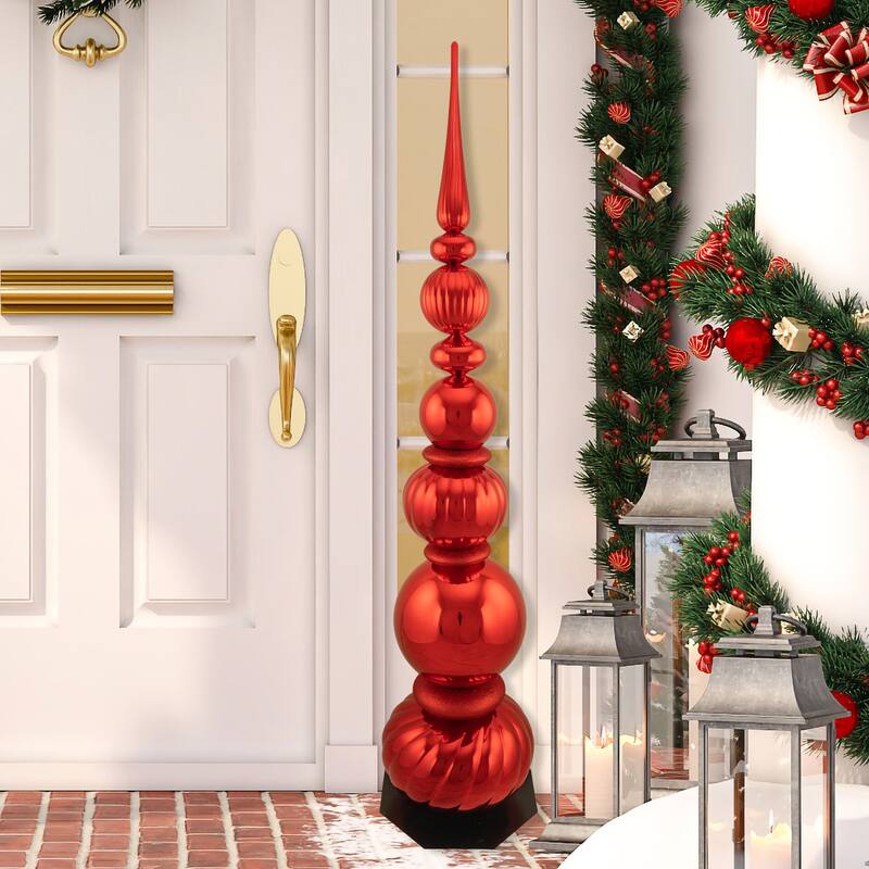 54" Shiny Red Glittered Topiary Finial Tower Christmas Decor