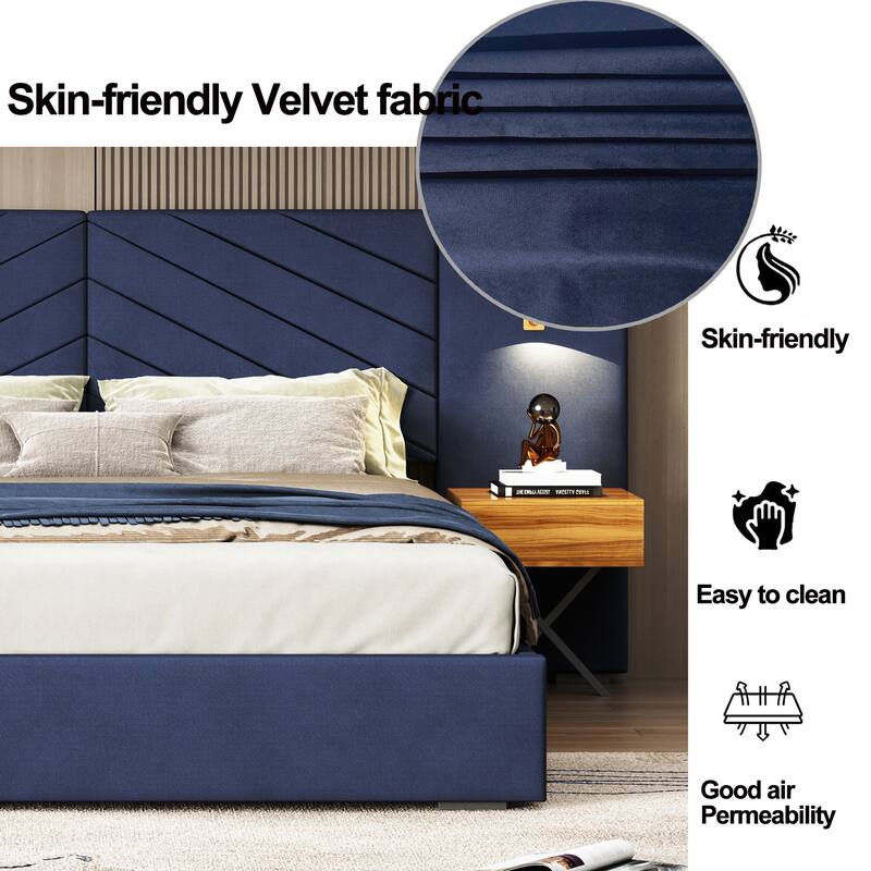 Queen Size Velvet Bed with Channel Tufted Wingback Headboard & Wooden Slats