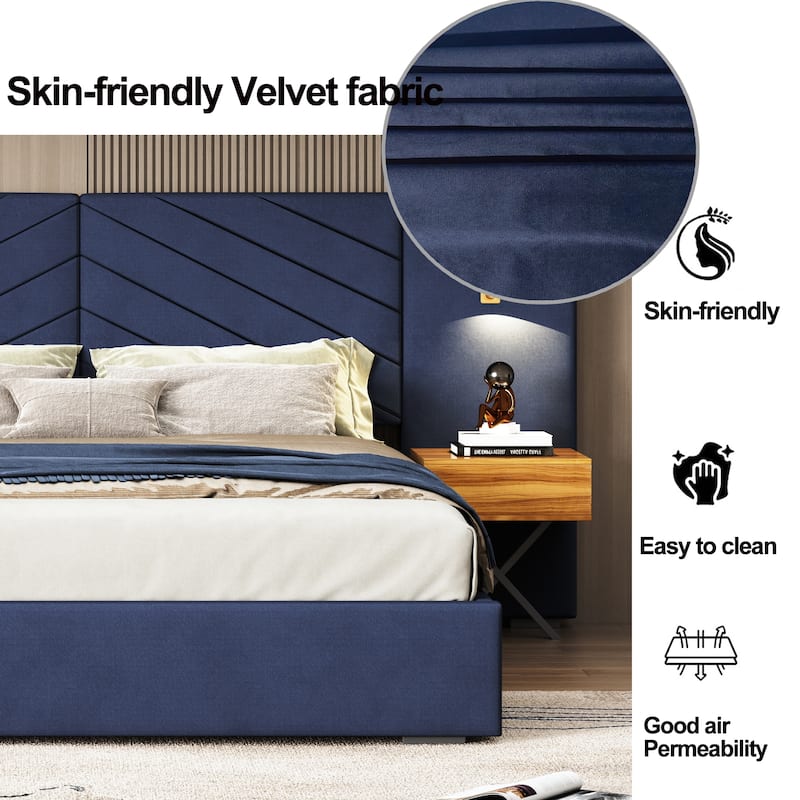 Queen Size Velvet Platform Bed with Vertical Channel Tufted Wingback Headboard and Strong Wooden Slats