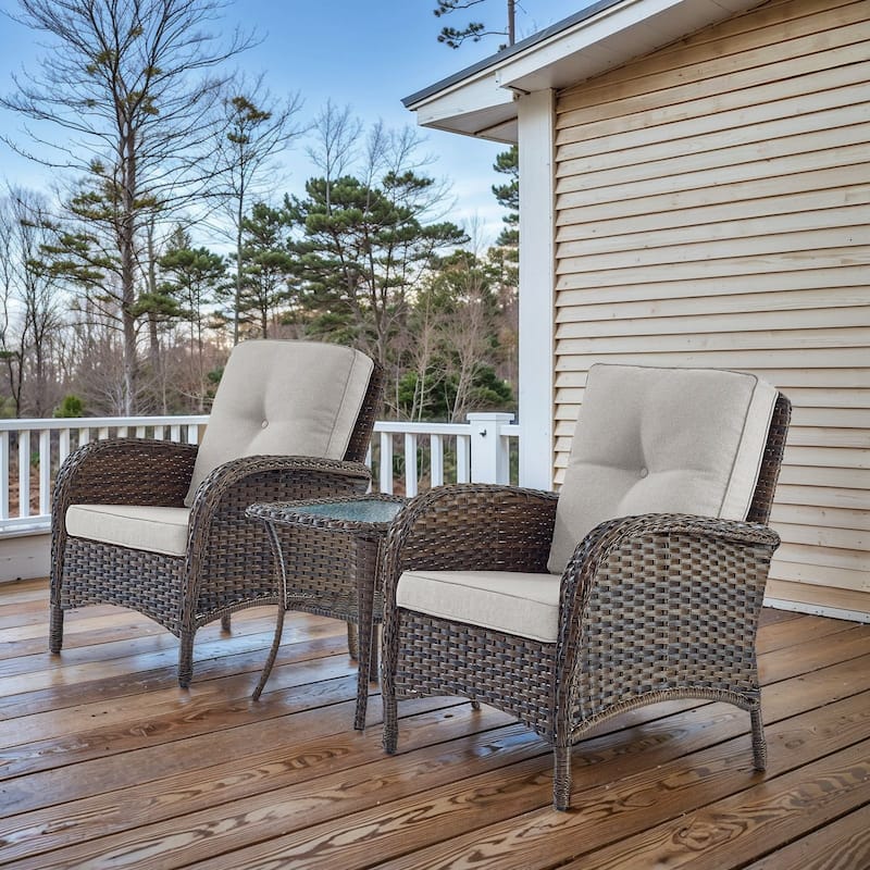 Pocassy Outdoor Wicker Patio Chairs Set - Brown Wicker Beige Cushion - 2PCS Patio Chairs w/ 1PC Side Table