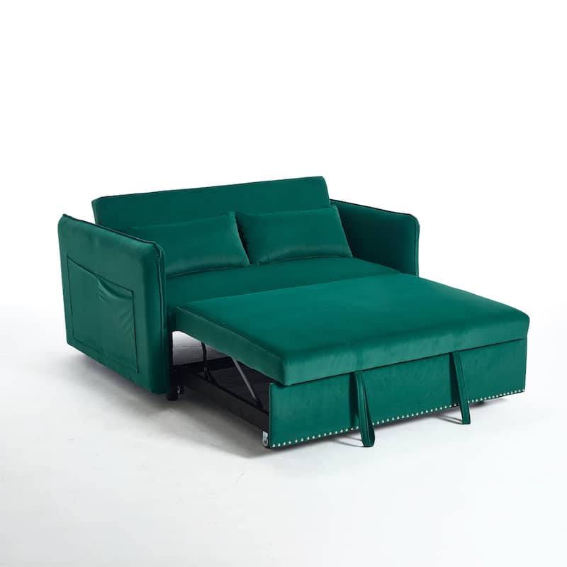Small Convertible Sofa Bed, 55" Velvet Loveseat Couch with Pull-Out Bed, Pillows, Adjustable Backrest & Side Pockets