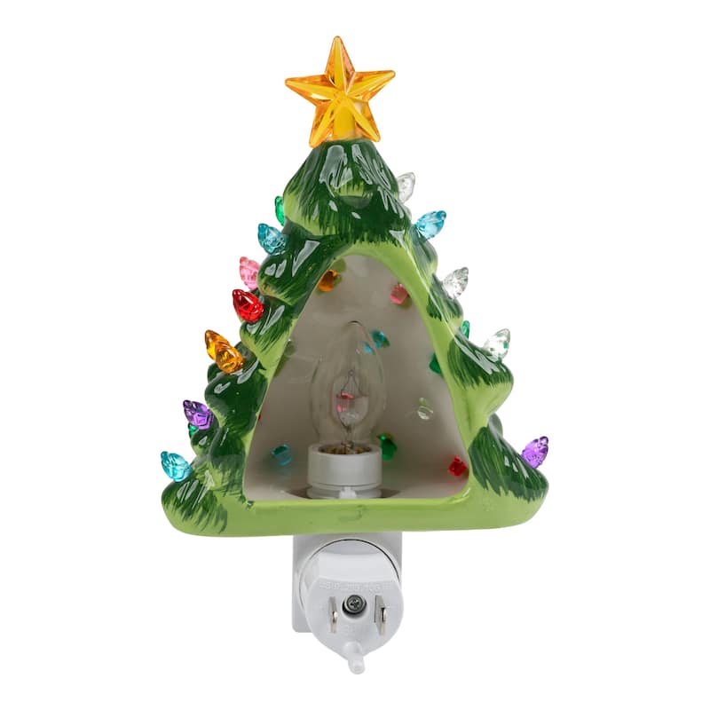 Retro Christmas Tree Ceramic Night Light - 7" - Green