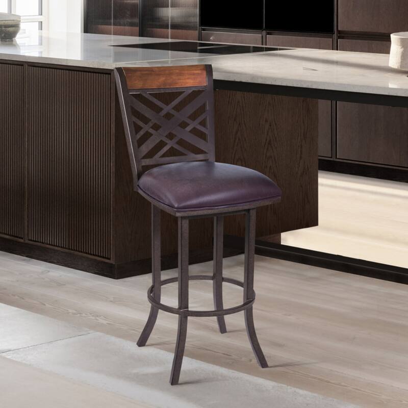 30" Bar Height Stool Brown Faux Leather Upholstered Seat with Iron Frame and Footrest for Kitchen or Bar