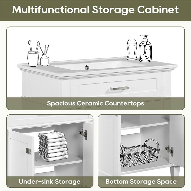30'' Bathroom Vanity with Ceramic Sink Top, Freestanding Bathroom Vanity Cabinet with 2 Soft Close Doors and Adjustable Shelves