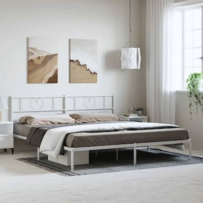 vidaXL California King Metal Bed with Headboard, White, No Mattress - 86.2" x 73.6" x 35.4"