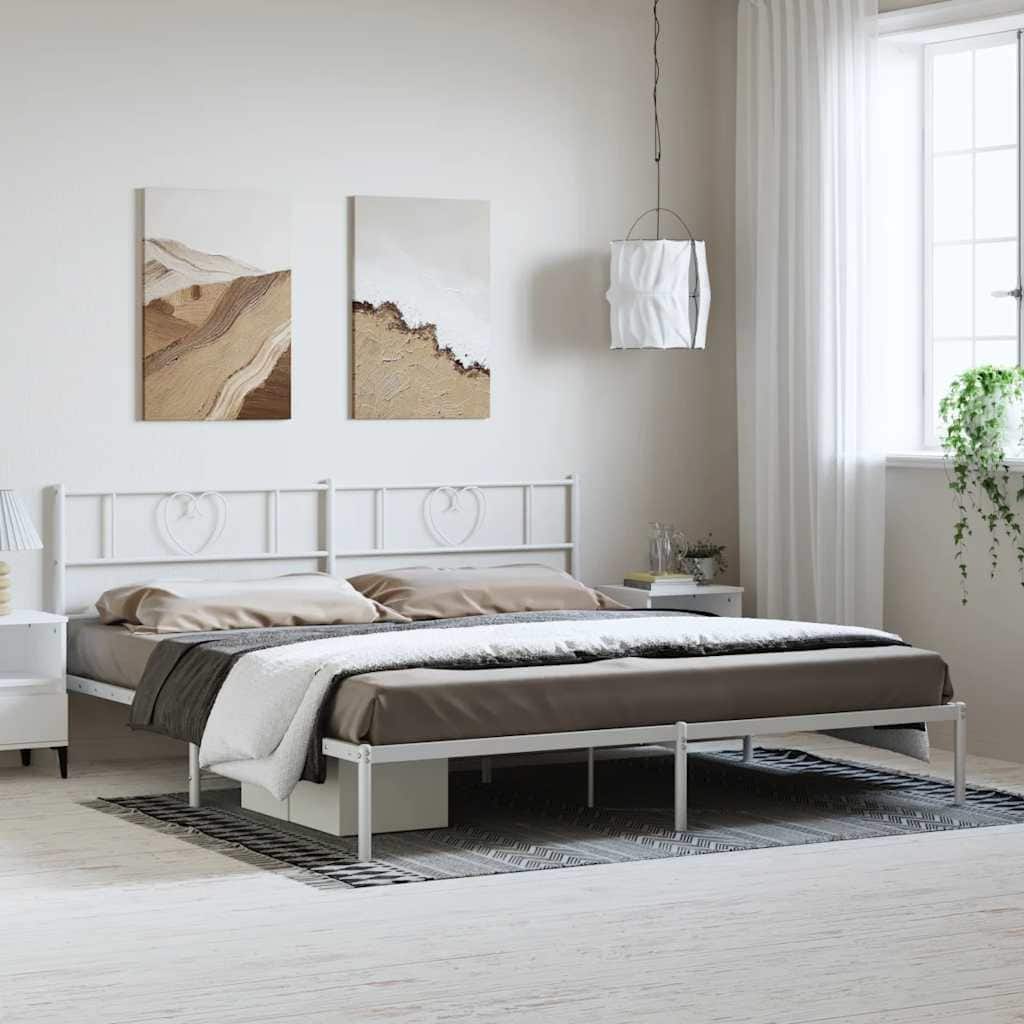 vidaXL California King Metal Bed with Headboard, White, No Mattress - 86.2" x 73.6" x 35.4"