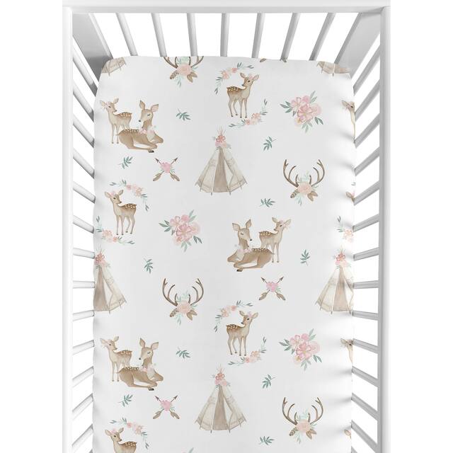 Sweet Jojo Designs Blush Pink, Mint Green and White Boho Woodland Deer Floral Collection Fitted Crib Sheet