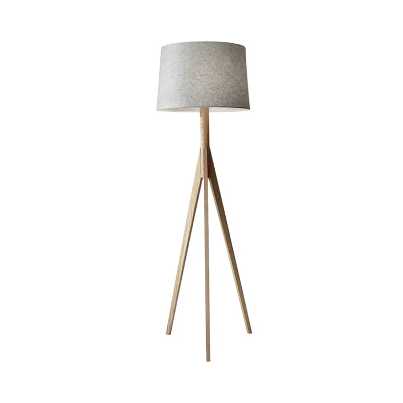 Natural Solid Wood Tripod Floor Lamp with Grey Fabric Empire Shade 3 Way Switch - 18” x 18” x 59.25” (D x W x H)