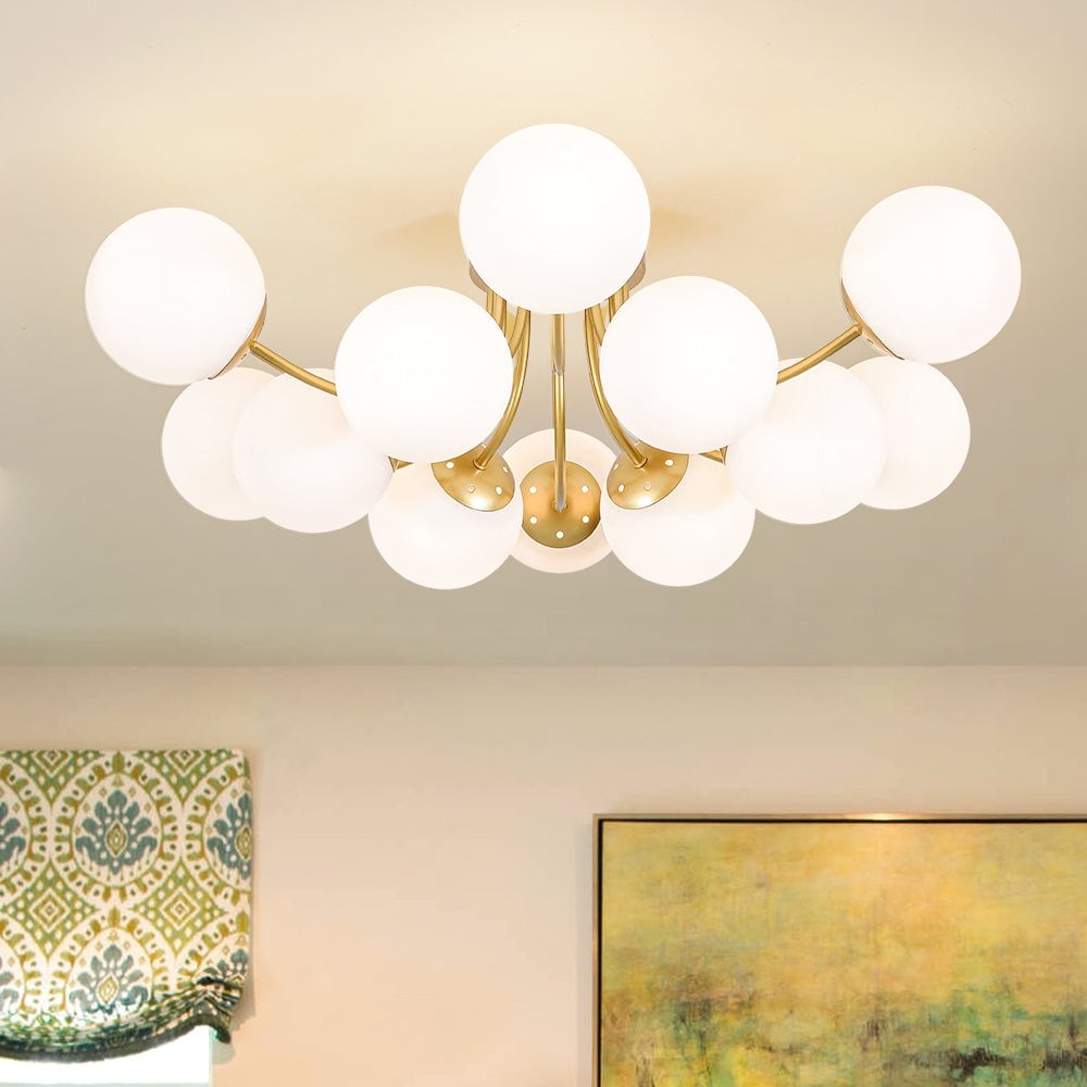12-Light Tiered Frosted White Glass Globe Sunburst Semi Flush Mount