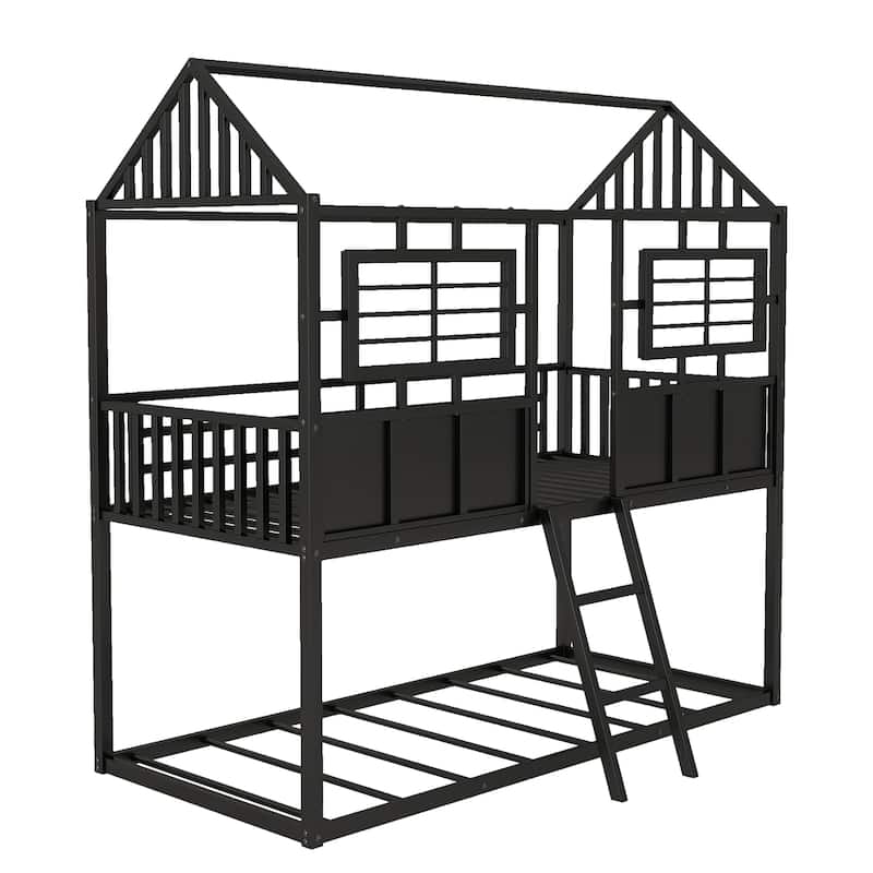 Twin over Twin Size Metal Low Bunk Bed with Roof and Guardrail, Black Bed Bath & Beyond 38051711
