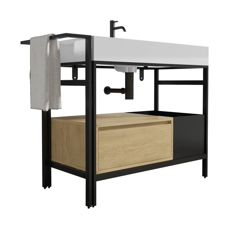 GDFStudio - Forte Industrial Metal Frame Bathroom Vanity with Artificial Stone Basin, Towel Rack & Open Storage