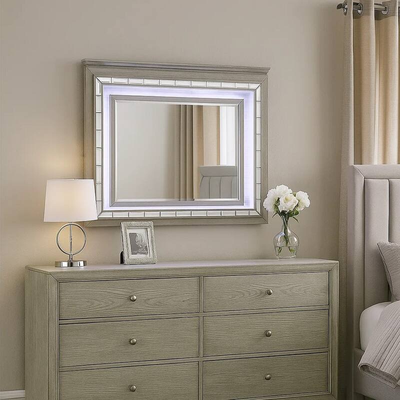 48 Inch Wood Mirror, LED, Mirrored Trim, Landscape, Light Gray