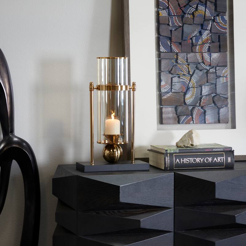Metal Pillar Hurricane Lamp with Metal Stand - Gold - CosmoLiving by Cosmopolitan