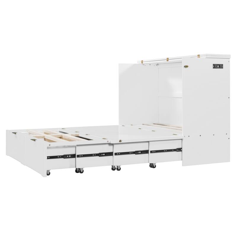 Space-Saving Queen Size Murphy Bed with Drawer, USB Ports, and Pulley Mechanism, Convertible Wall Bed with Flexible Slats