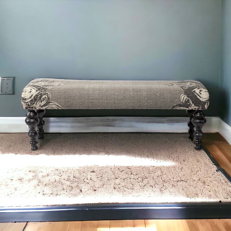 HomeRoots 55" Gray and Black Upholstered Cotton Blend Floral Distressed Bench - 55 - 55