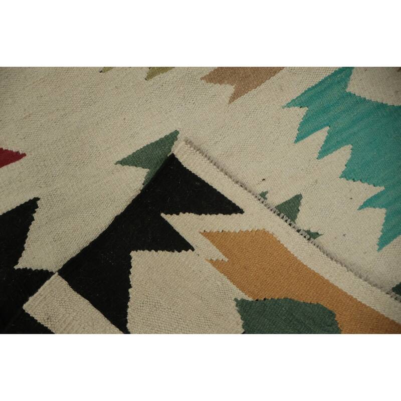 Hand Woven Oriental 100% Wool Carpet Southwestern Tribal Beige & Ivories Kilim Area Rug - 8' 0'' X 5' 9''