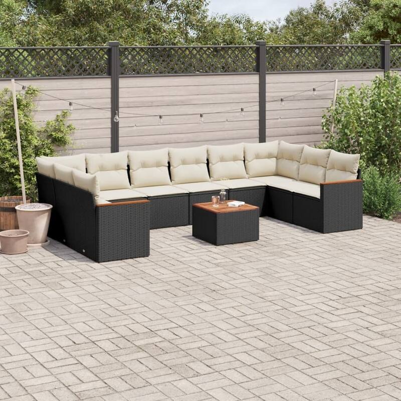 vidaXL Patio Sofa Set with Cushions Outdoor Conversation Furniture Poly Rattan - 24.4 x 24.4 x 27.2 in - Black and cream with table