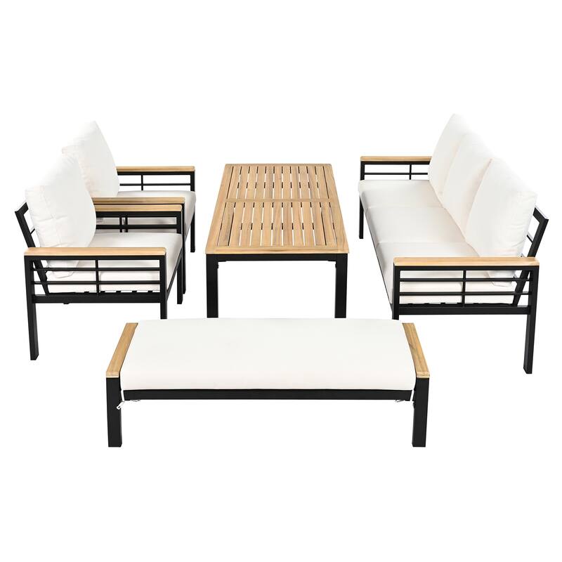 5-Piece Outdoor Patio Iron Conversation Sofa Set with Coffee Table and Bench