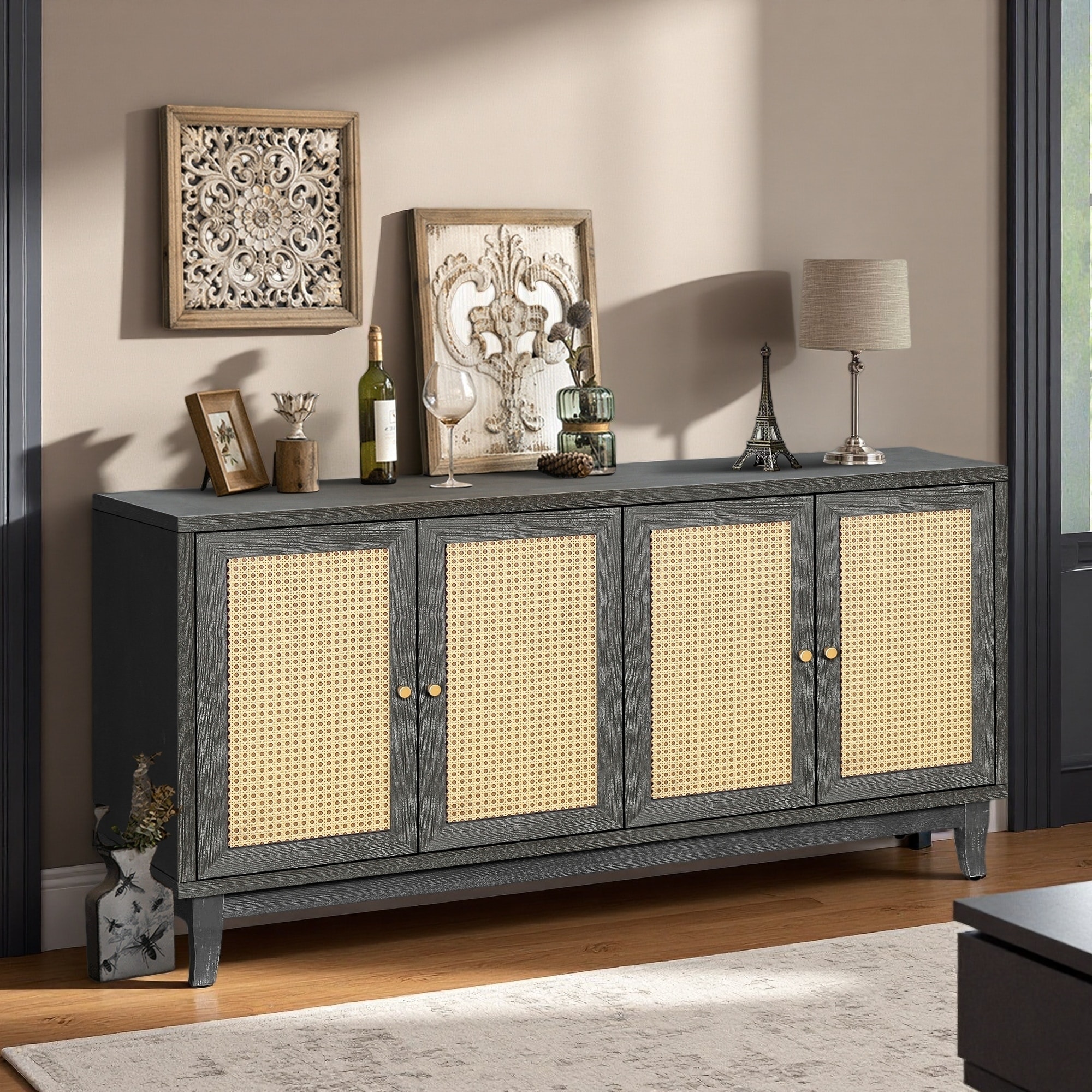 Handcrafted Rattan 4-Door Sideboard Storage Cabinet with Adjustable Shelves for Living Room, Modern Console Table