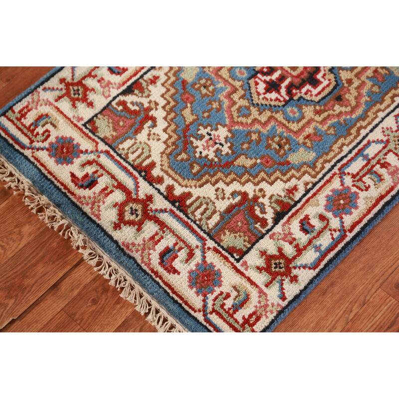 Hand Knotted Oriental 100% Wool Carpet Traditional Medallion Navy Blue & Blues Heriz (serapi) Area Rug - 3' 0'' X 2' 0''