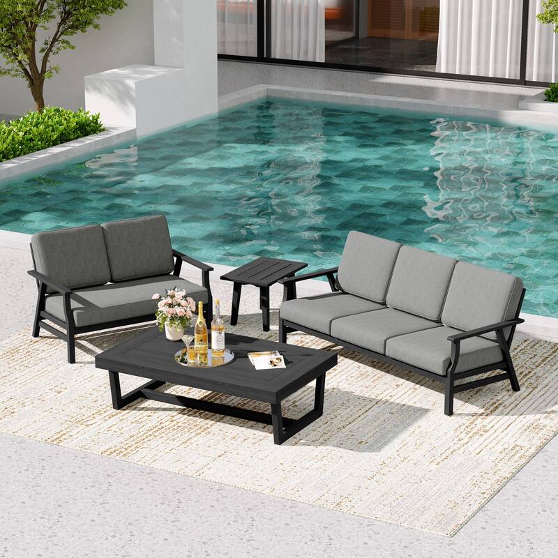 Teak Outdoor Seating Set with Daybed & Tables.