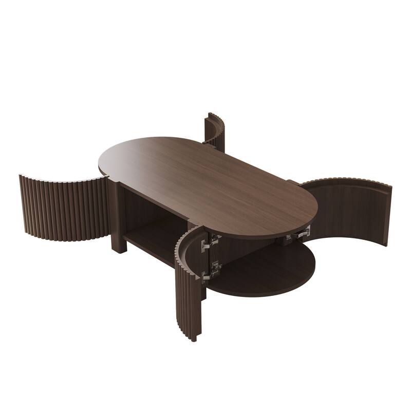 47" Oval Fluted Coffee Table with Storage, Rubber Wood, 1 Shelf & 2 Doors - Walnut