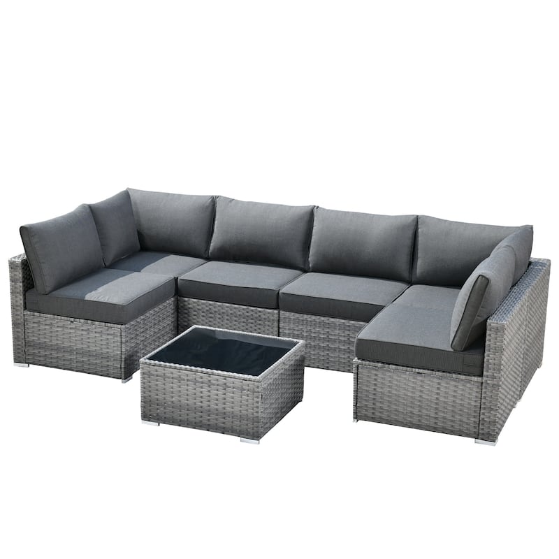 HOOOWOOO 7-piece Grey Rattan Wicker Outdoor Furniture Sectional Set