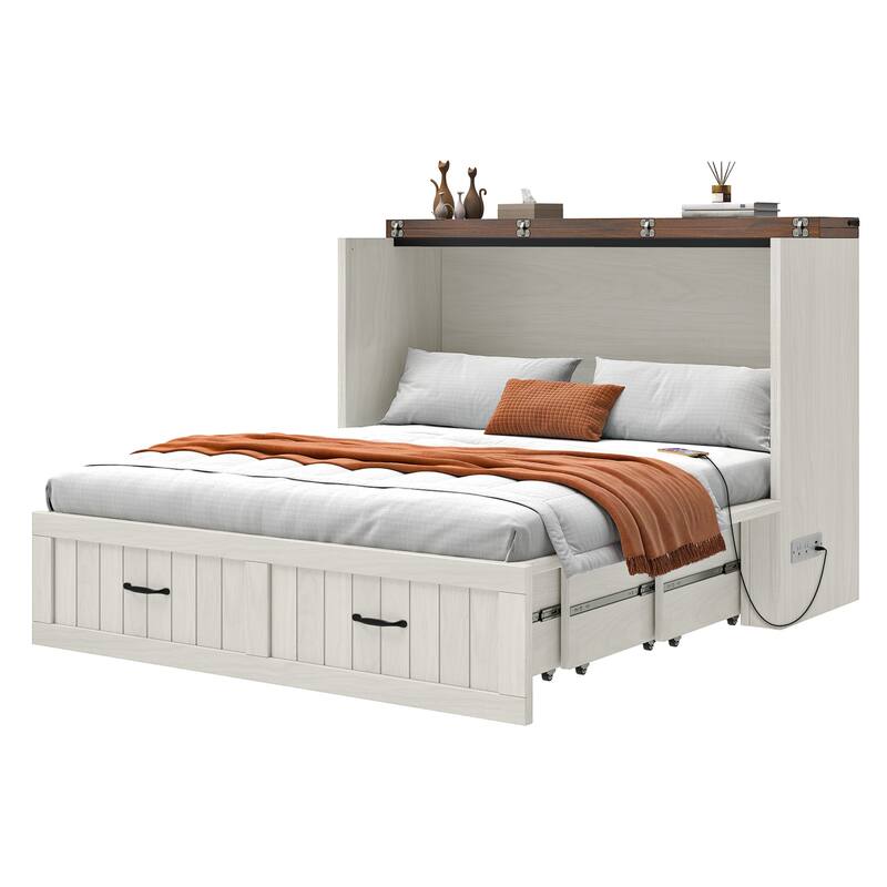 Moasis Farmhouse Full Size Murphy Bed Cabinet with Charging Station, Large Storage Drawer