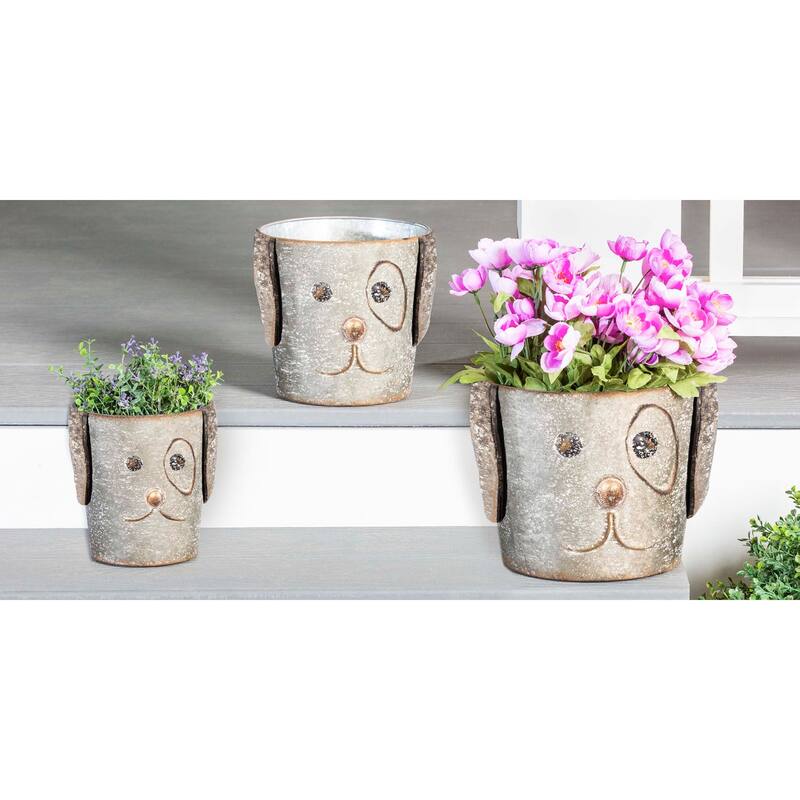 Metal Dog Bucket Planters, (Set of 3)